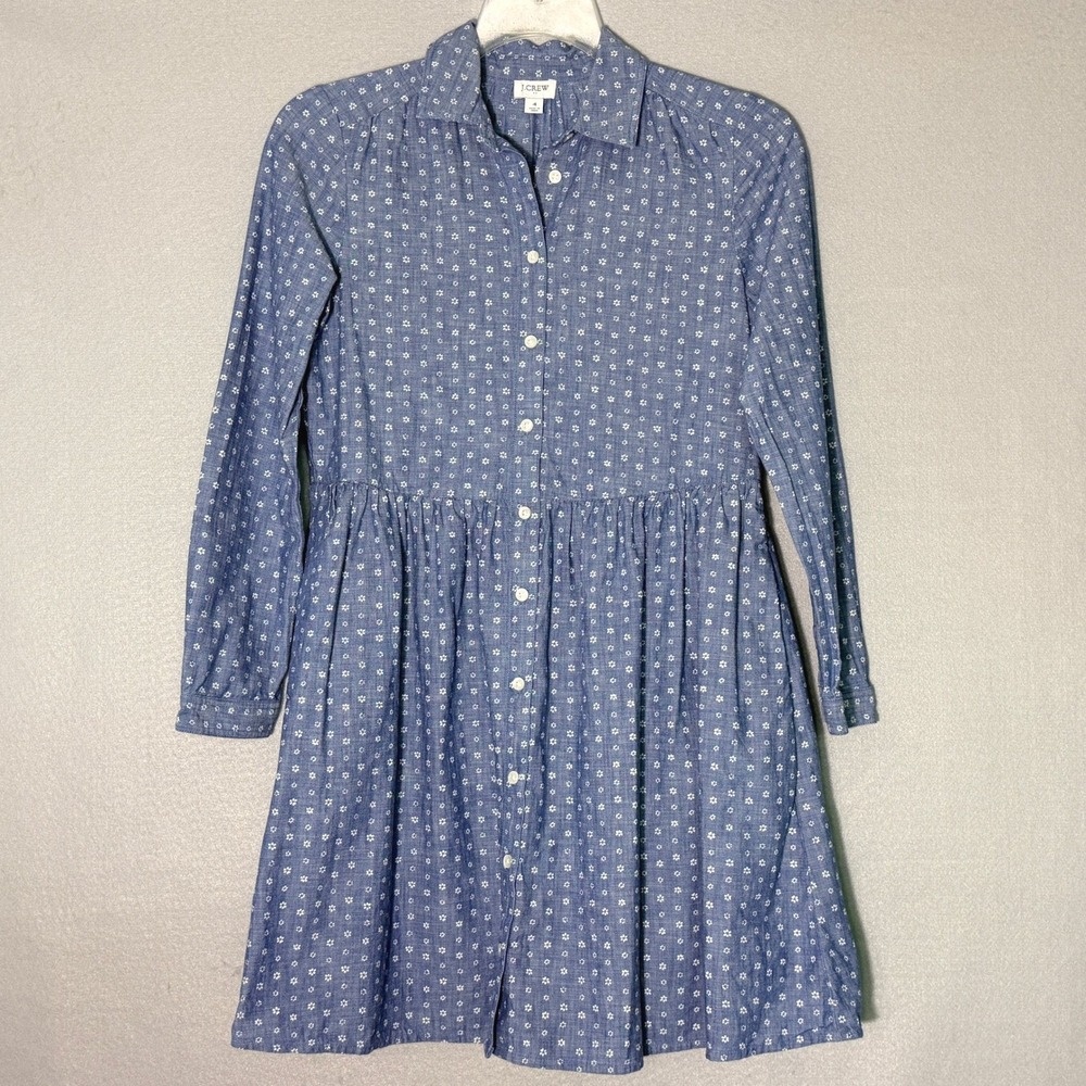 J.Crew‎ Floral Babydoll Shirt Dress Womens Size 4 Blue Cotton Flowy Relaxed